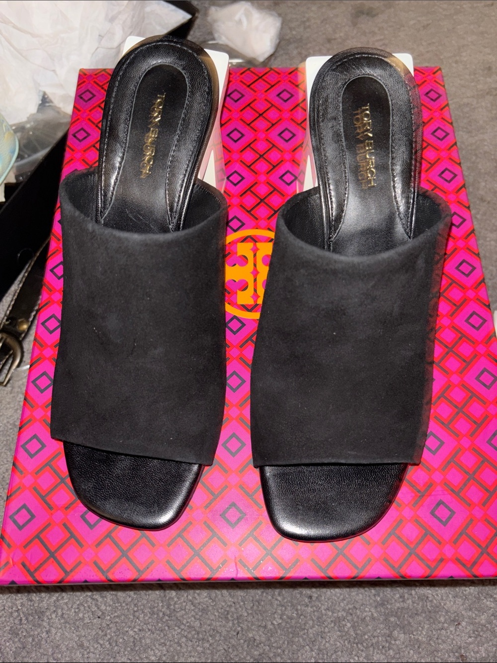 Tory Burch Black Suede Open-Toe Mule Slides